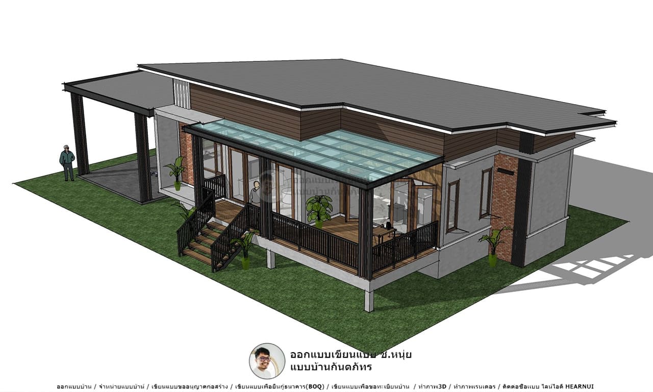 แบบบ้านชั้นเดียว P-619-บ้านน่าอยู่อบอุ่น แบบบ้านสมัยใหม่ยอดนิยม 3 ห้องนอน