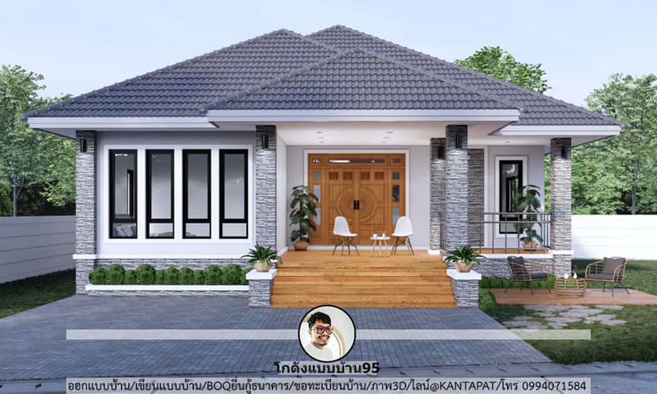 บ้านปั้นหยาชั้นเดียว-P-1376 แบบบ้านสมัยใหม่ 3 ห้องนอน 2 ห้องน้ำ