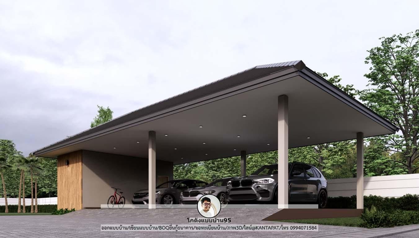 M-038-โรงจอดรถดีไซน์สวย หลังคาทรงปั้นหยา สวยงาม หรูหรา ดีไซน์สวย
