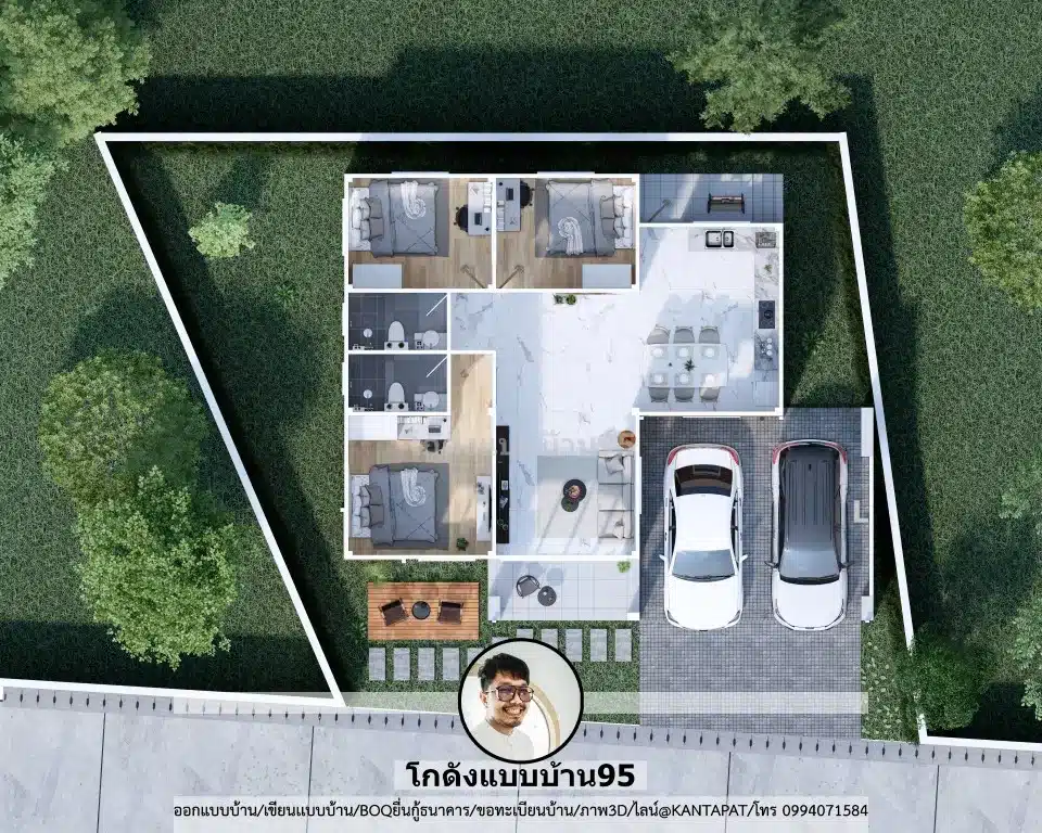 แปลน แบบบ้านชั้นเดียวP-1850 รับเขียนแบบบ้าน 3d