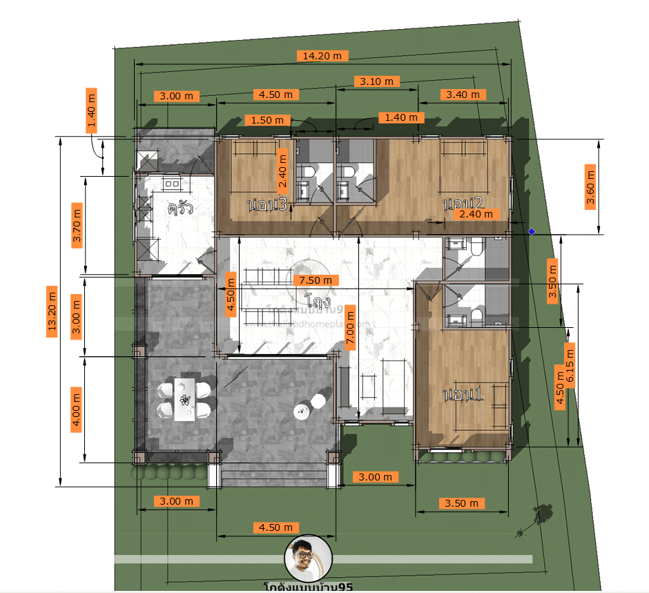 แบบบ้านชั้นเดียว 3 ห้องนอน P-1853