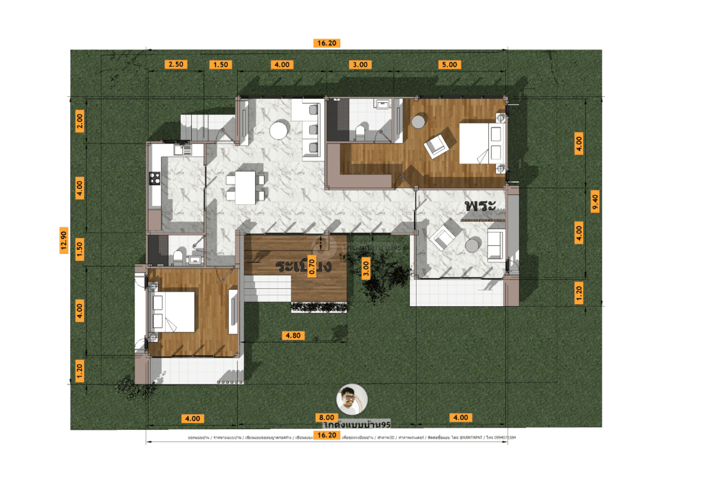 แบบบ้านโมเดิร์นP-2016 แปลนแบบบ้านชั้นเดียว