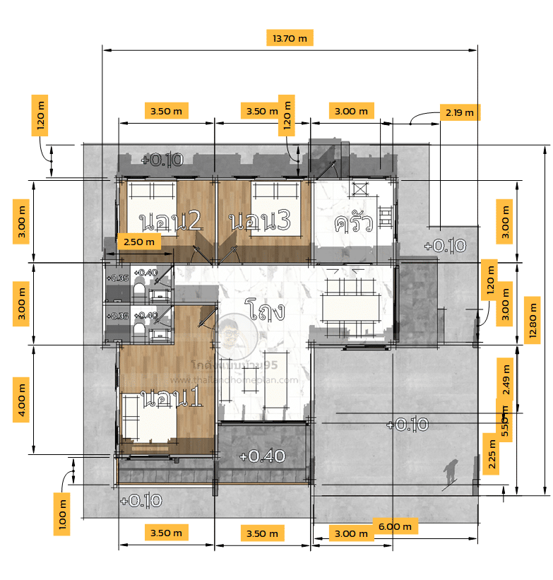 แปลนแบบบ้าน3ห้องนอนP-1895