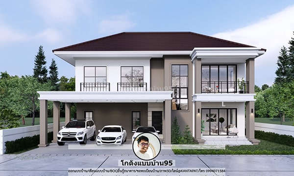 แบบบ้าน2ชั้น ทรงปั้นหยา สไตล์เรียบหรู พื้นที่ใช้สอยกว่า 340 ตร.ม. ฟังก์ชันครบ 4 ห้องนอน รับเขียนแบบบ้าน P-2490