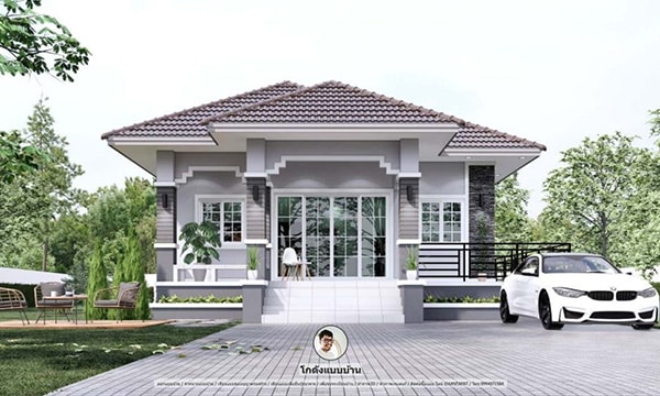 แบบบ้านชั้นเดียวทรงปั้นหยา ยกพื้นสูงสีเอิร์ธโทนสวยละมุน ขนาด 129 ตร.ม. 3 ห้องนอน P-1092-บ้านน่าอยู่ทรงปั้นหยา