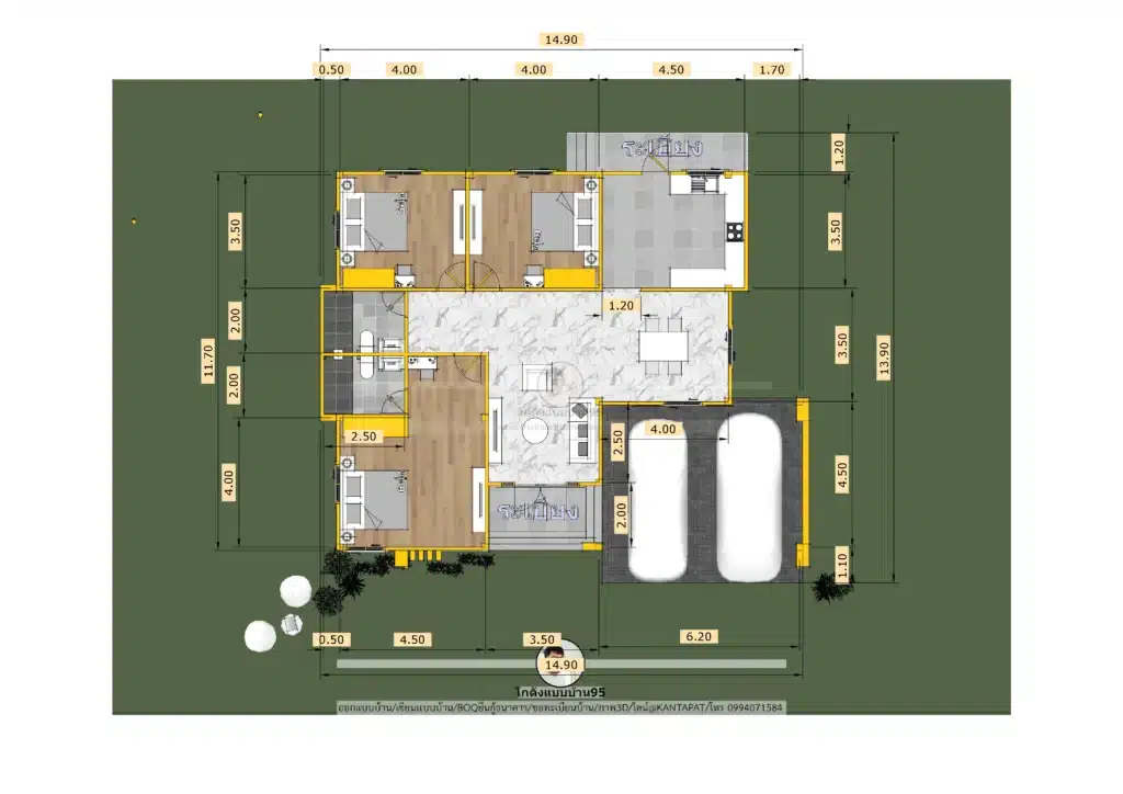 แบบบ้านP2520 ชั้นเดียว คอนเทมโพรารี่ 3ห้องนอน 2 ห้องน้ำ