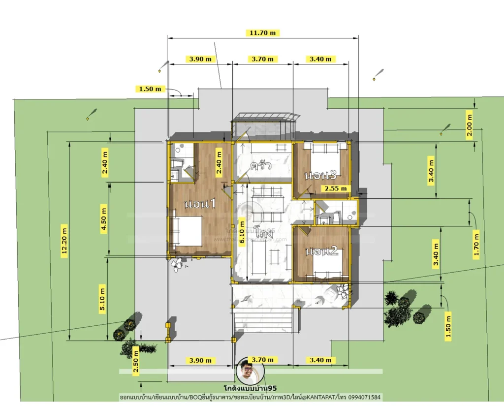 P-2647-แบบบ้านชั้นเดียว 3 ห้องนอน