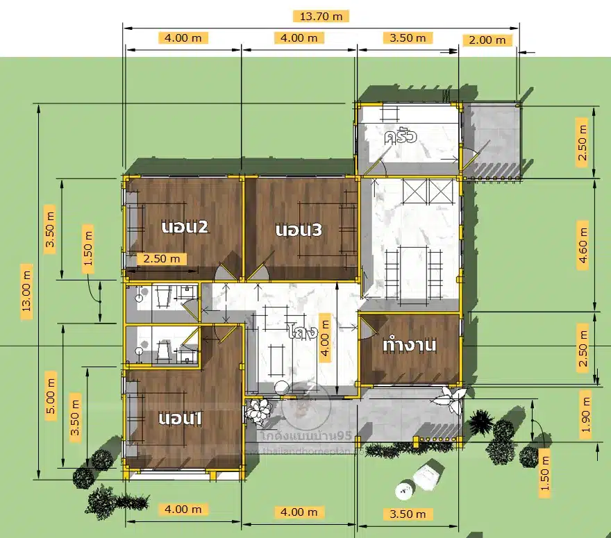 P-2595-แบบบ้านชั้นเดียวทรงจั่วโมเดิร์น