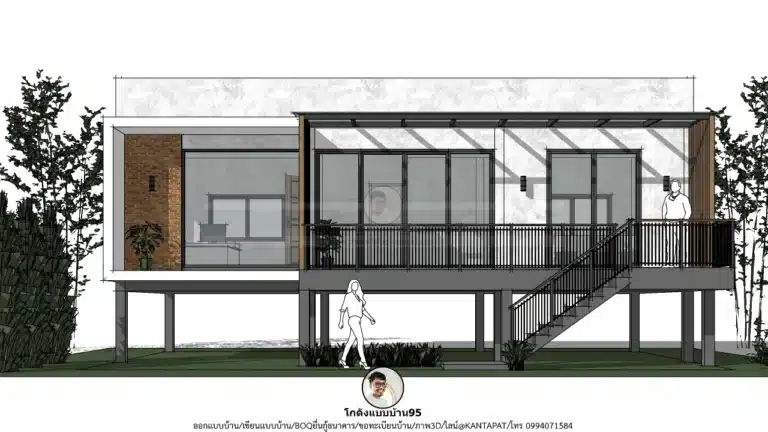 บ้านโมเดิร์นยกพื้นสูง บ้านชั้นเดียวไม่เกิน 100 ตรม. แบบบ้าน P-2661