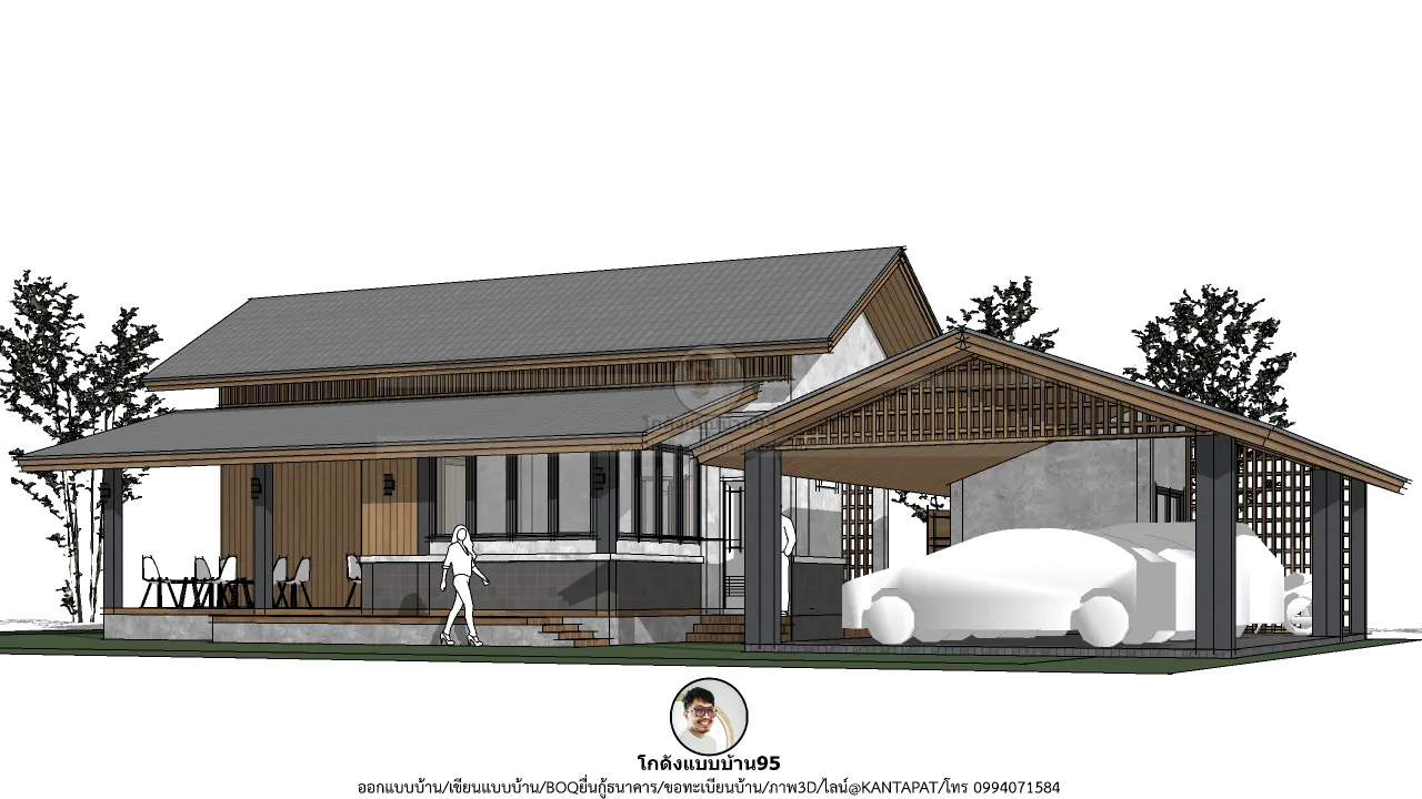 บ้านสไตล์จั่วชั้นเดียว ตกแต่งสไตล์ลอฟท์ พร้อมที่จอดรถ แบบบ้าน P-2602