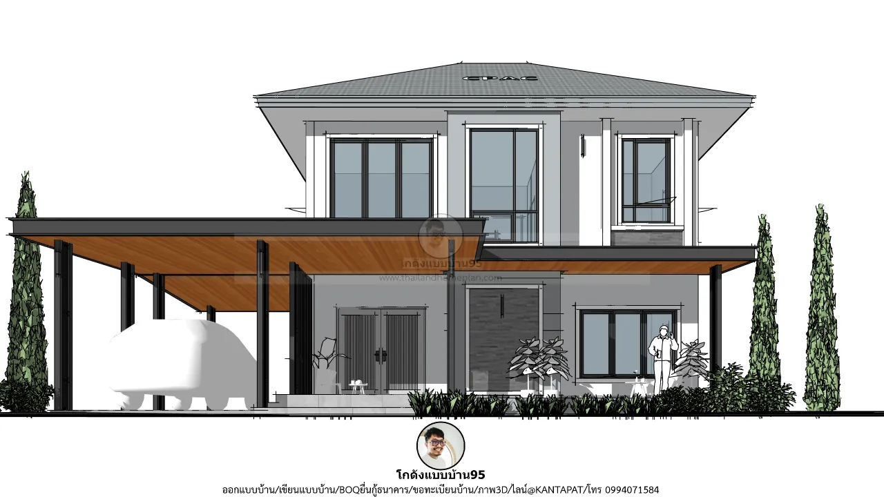 บ้านสองชั้นหลังคาปั้นหยา 3 ห้องนอน พร้อมที่จอดรถ แบบบ้าน P-2655