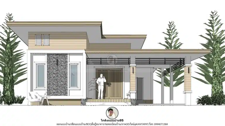 บ้านโมเดิร์นชั้นเดียว 2 ห้องนอน 2 ห้องน้ำ แบบบ้าน P-2712